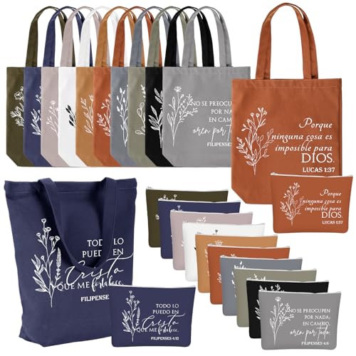 Paterr 20 Pcs Mother's Day Nurse Week Christian Gift Tote Bags Bulk, Bible Religious Makeup Bag Church Gifts for Mom Nurse(Neutral Color,Boho Spanish)