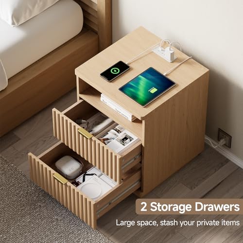 Night Stand Set 2, Nightstand with Charging Station Bedside Table, Morden Fluted Bed Side End Table with 2 Drawers, Wood Small Nightstand for Bedroom Living Room (1, Oak Natural) - Image 6