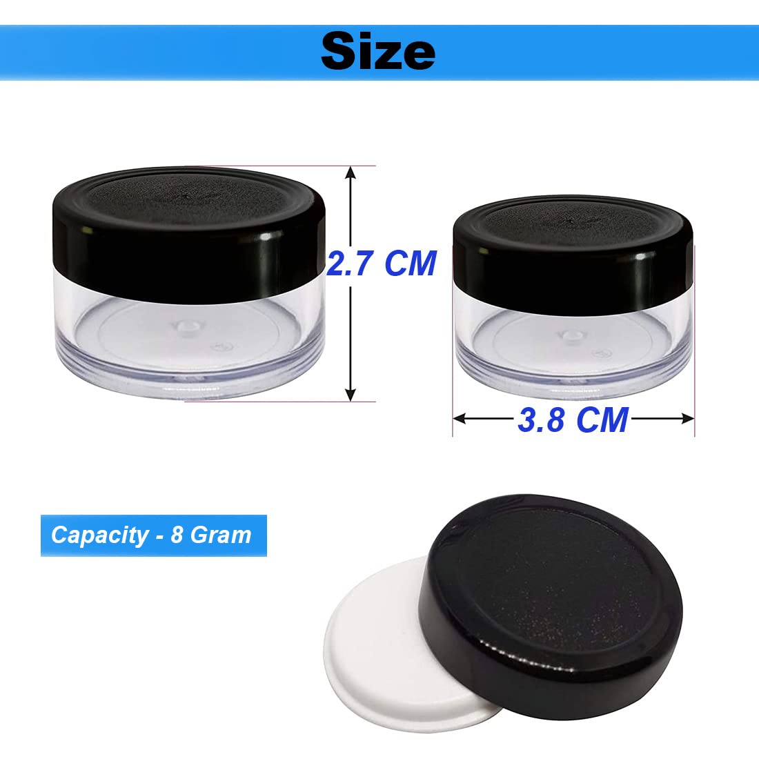 Imaashi ® 8 Gram Acrylic Refillable Cosmetic Empty Sample Jars/Containers Leak Proof Pot Jars with Black Lids for Lotion, Cream, Cosmetics, Sugar Scrub, Body Butters, Makeup & Beauty Products- (50) 2
