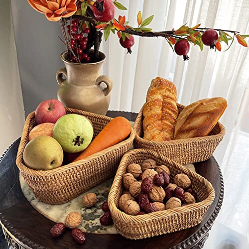 Amololo 3 Pack Triangle Woven Basket Trays, 10 Inch Rolled Rattan Storage Tray With 4 Inch Raised Sides, Wicker Decorative Serving Nesting Tray Organizer For Bread, Fruit, Food, Catch All Dish S, M, L #TOP3