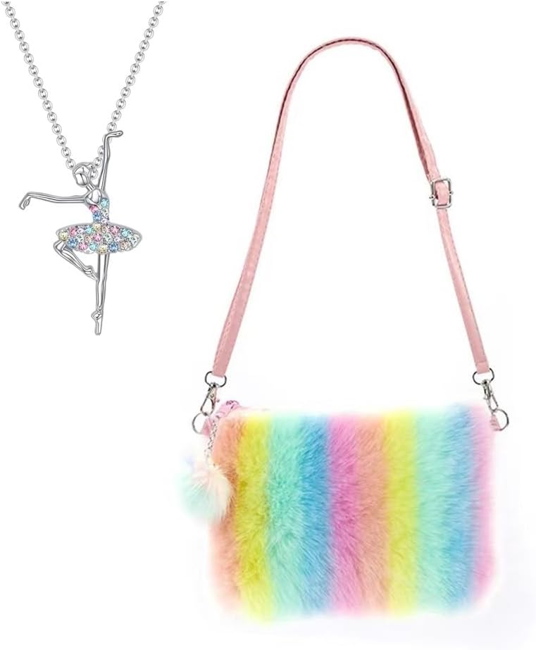 Girls Fluffy Crossbody Purse Plush Rainbow Shoulder Bag Kids Crossbody Bag Handbag