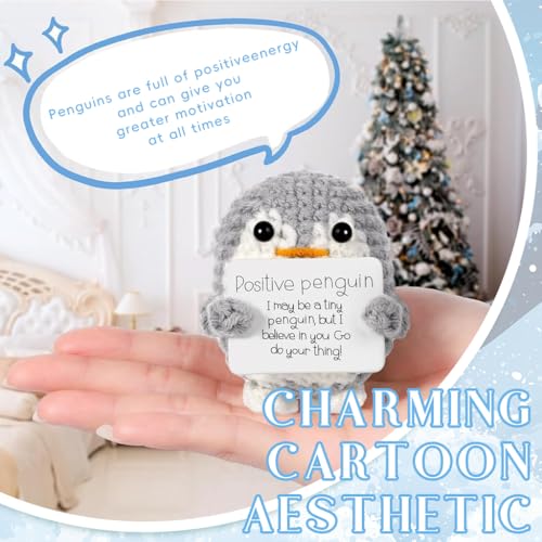 Image of Zibuyu Handmade Crochet Penguin Desk Decor with Positive Message Card Cute Motivational Crochet Toys Gift for Office Home Baby Nursery, Gery