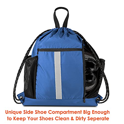 Image of BeeGreen Royal Blue String Backpack Bag Cinch Sack with Shoe Compartment and Two Side Mesh Pockets Lightweight Sturdy Drawstring Gym Sackpack 1 Pack for Unisex