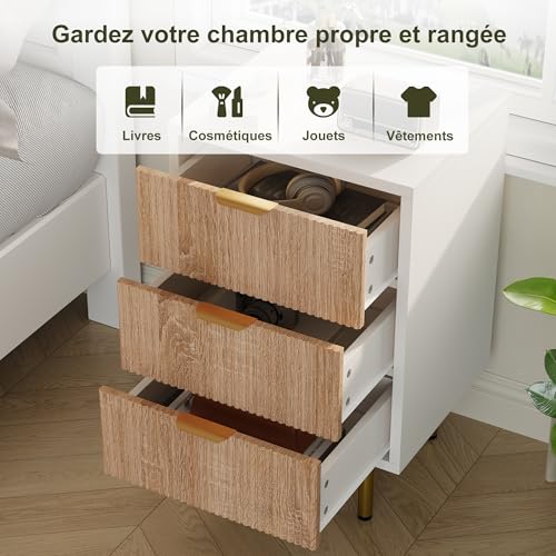 TIMORWTF - Juego de 2 mesitas de noche, cómoda moderna con 3 cajones, mueble de almacenamiento, mesa auxiliar para dormitorio, pasillo, salón u oficina, 40 x 40 x 65 cm (3 cajones madera+blanco 2 - imagen 4