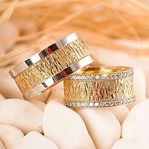 Ehering-Set 14 Karat vergoldet Paar passendes Ehering-Set Personalisierter Mann und Frau Silber-Ehering-Set