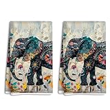 SDFBFVSA Bohemian Style Elephant Dishcloths Set of 2, Soft Guest Bath Towel Absorbent Drying Cloth Hand Towel for Kitchen Bathroom Restaurant Hotel Cafe Farmhouse Dinner Party Decorations