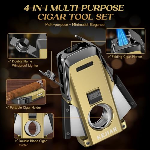 KEJIAR Cigar Lighter, Multi-Purpose Cigar Torch Lighter, Refillable Butane Torch Lighter, Built-in Punch, Wavy Butterfly Double-Blade Cigar Cutter and Stand, Ideal Cigar Accessories for Men Gift - Thumbnail 3