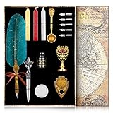 NC Feather Calligraphy Pen Ink Set,Quill Pen Set Includes Feather Dip Pen,Ink,5Replacement Nibs,3Wax Seal Sticks,Pen Holder,Seal Stamp, White Wax,Spoon,Envelope Letter Paper, Envelope Tool(Dark Green)