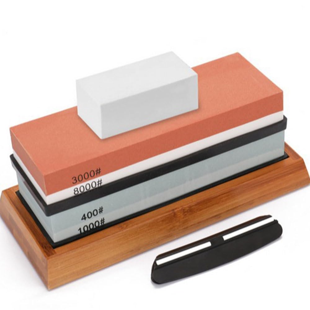 5 Pcs Knife Sharpener Stone, Sharpening Stone, Whetstone Sharpening Kit 4 Side Grit 400/1000, 3000/8000 with Bamboo Base, 2-Section Knife Holder and Correction Stone