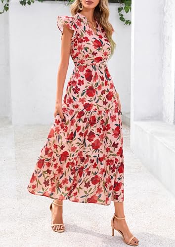 Image of PRETTYGARDEN Women's 2026 Summer Floral Midi Dress Cap Sleeve V Neck Ruffle Long Flowy Boho Casual Beach Vacation Dresses