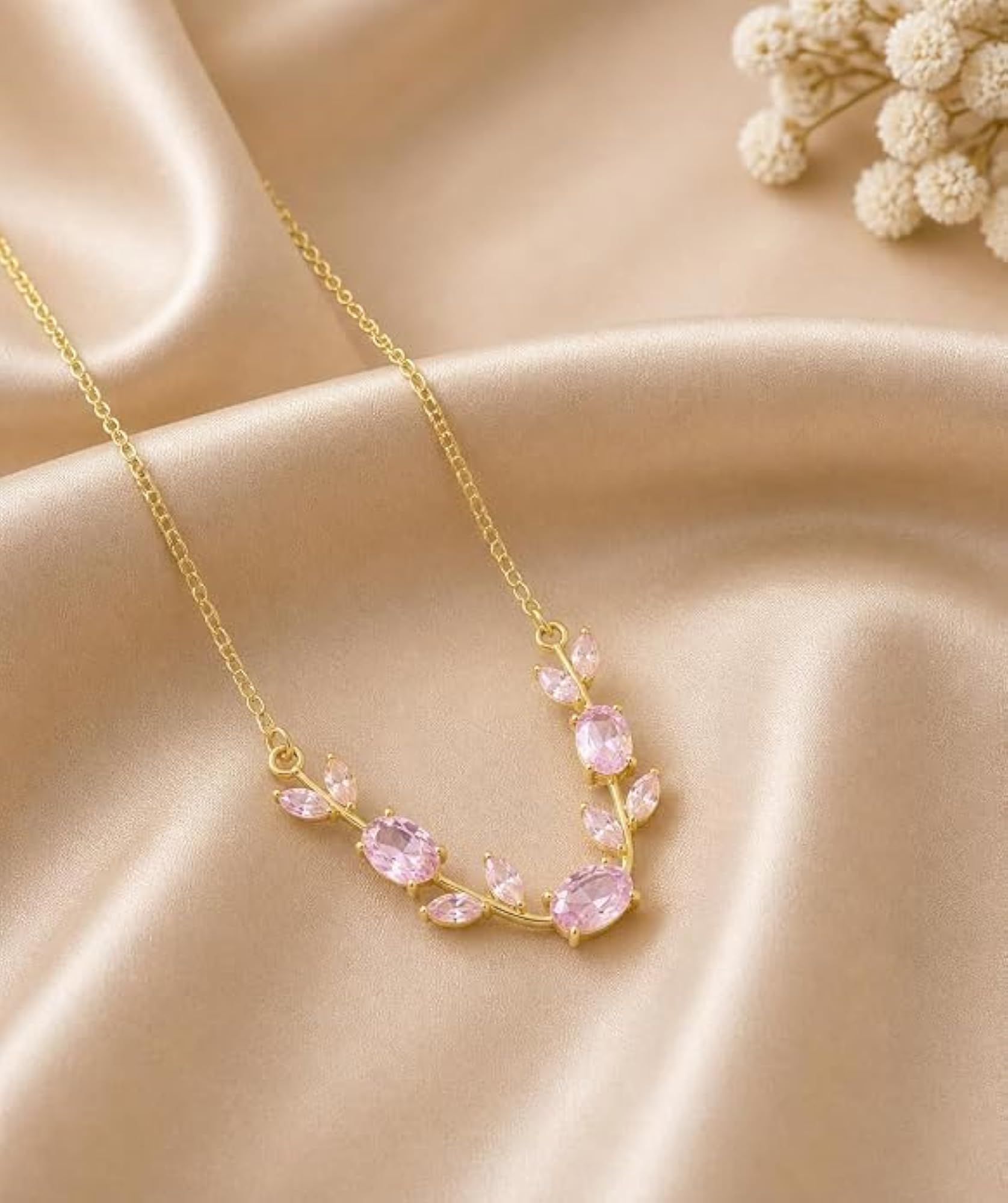 Women's Pink Crystal Floral Wreath Pendant Necklace, Gold Chain