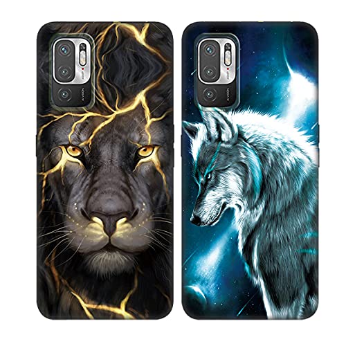 DiaryTown 2 Piezas para Fundas Xiaomi Note 10 5G Carcasa TPU Silicona, con Divertido Bonito Diseño Patrón Cubierta Protectora Negro Sencillez Antigolpes Case para Redmi Note 10 5G, Lobo/León Cover