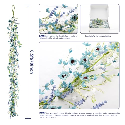 6.5FT Blue Flower Garland Fake Flowers Vines Faux Artificial Floral Garland Summer Spring Wreath Blueness with Green Leaves Wreaths Blue Daisy Artificial Grains Flower Wreath for Front Door Wreaths
