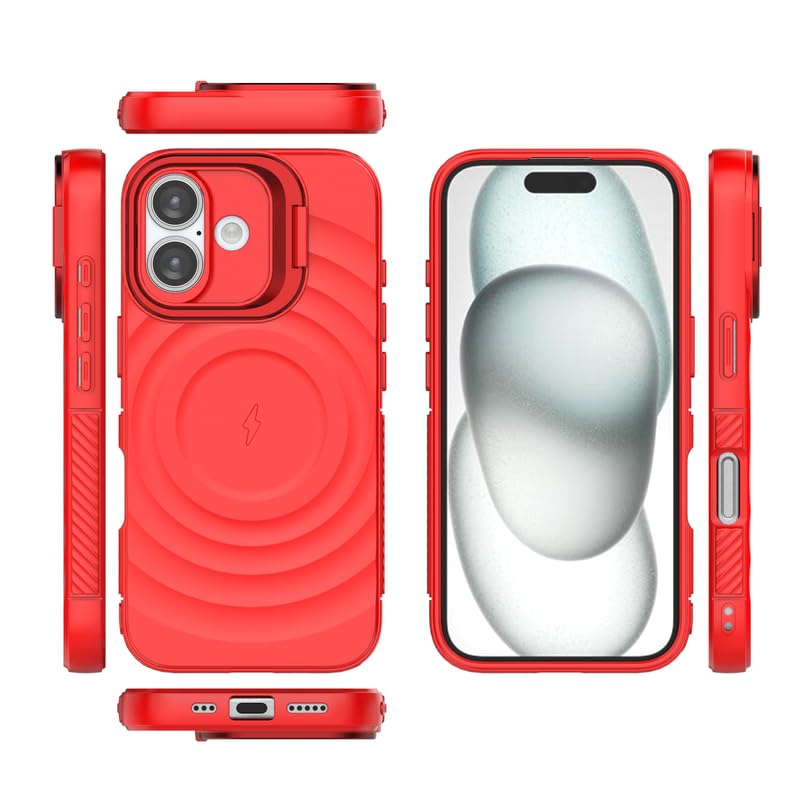 Image of LuxuryKase Shockproof Case for iPhone 16 Plus | Ripple Pattern | Camera Protection | Inner Velvet Fabric Lining | Protective Cover with Enhanced Grip & Wireless Charging Support - Red