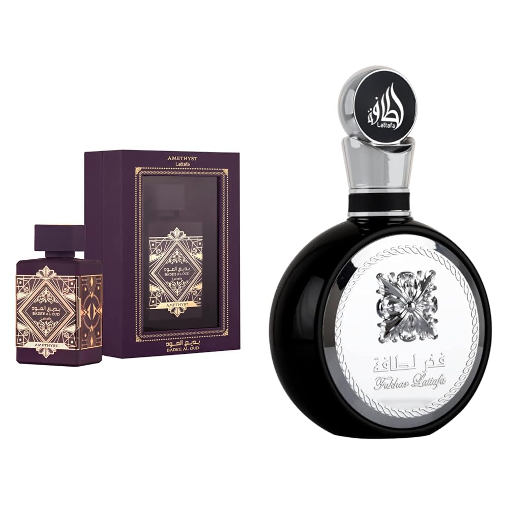 Lattafa Perfumes Bade'e Al Oud Amethyst for Unisex Eau de Parfum Spray, 3.4 Ounce & Fakhar for Men Eau de Parfum Spray, 3.4 Ounce