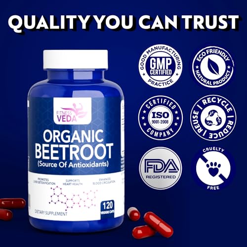 Image of Fitness Veda Organic Beetroot Capsules - 120 Veg Capsules - Heart Health, Blood Pressure & Endurance Support - Rich Antioxidant Capsule - Natural Superfood Supplement - Non-GMO, Gluten-Free