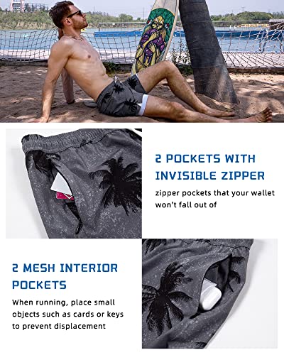 SURF CUZ Mens Swim Trunks with Compression Liner Mens Swimming Trunks 5 Inch Bathing Suit with Zipper Pockets Quick Dry Swim Shorts Grey Black Palm Medium4