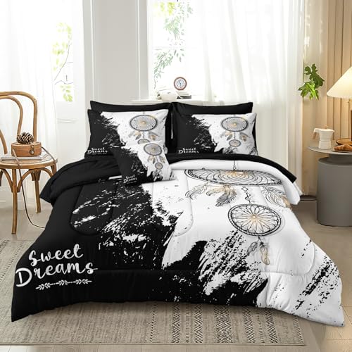 Bedbay Dream Catcher Comforter Set 8 Pieces King Size Comforter with Sheets Mandala Boho Bedding Soft Quilt Set Abstract Marble Texture Black White Queen Bed in a Bag for Boys Girls Teen Adults