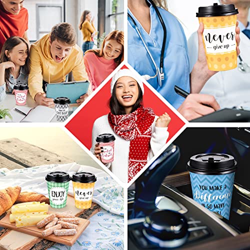 Gerrii 100 Pack Disposable Coffee Cups with Lids and Straws, Motivational Paper Hot Cups with 6 Quotes and Designs for Water, Juice, Coffee, Tea, Home, Shop Cafe(12 oz)