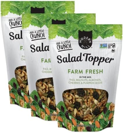 Modern Mill Farm Fresh Mixed Salad Topper By Gourmet Nut - Dried Figs, Walnuts, Sliced Almonds, Sweet Cherries & Roasted Pumpkin Seeds - Gluten Free, Kosher, Vegan Snack Mix Toppings - 6 oz (3 Pack)