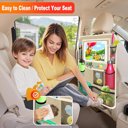 Image of Car Backseat Organizer ,2 Pack Car Organizer Back Seat with 11 inch Tablet Holder, 10 Storage Pockets Seat Back Protectors Kick Mats for Kids Toddlers, Travel Accessories (Beige)