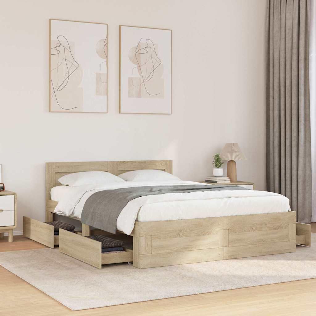 Bed Frame with Headboard 2 pcs Sonoma Engineered Wood 54 x 74 inches Sturdy Platform Foundation with Storage Drawers Modern Minimalist Bedroom Furniture for Mattress Support