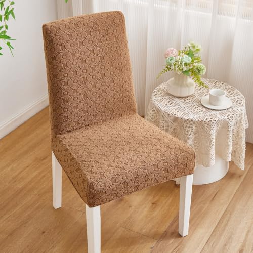 Image of HOMETHREADS Elastic Jacquard Chair Cover Stretch Removable Washable Short Dining Chair Cover Protector Seat Slipcover (D Beige, Pack of 2)