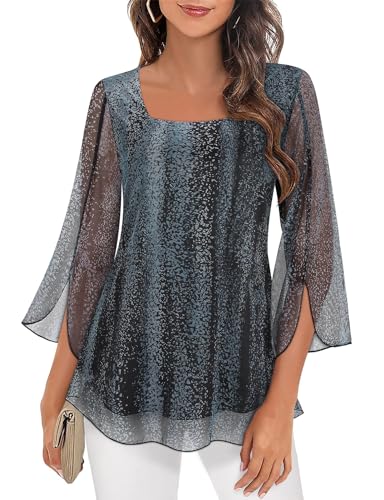Syphiby Blusas para mujer, con volantes, manga 3/4, holgadas, cuello cuadrado, gasa, camisas de malla de doble capa, tallas M-3XL, Meteor negro, 3XL
