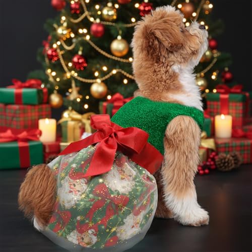 Christmas Dog Dress, Festive Holiday Pet Outfit, Shiny Green Top with Glittery Red Bow and Santa Claus Print Skirt by Miiemiu - Used condition - Image 4