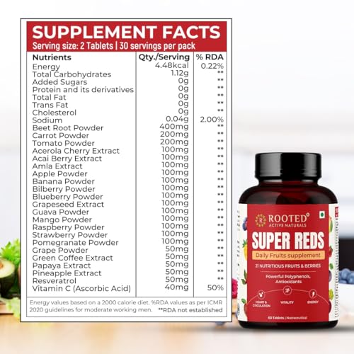 Image of Rooted Active's Super Red Tablets for Men & Women | Comprehensive Daily Supplement with 21+ Nutritious Fruits & Berries | Supports Heart Health, Energy, Immunity | 60 Tablets