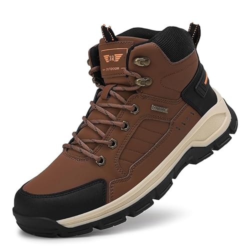 SFXLUCART New Men's Boots Fashion Outdoor Hiking Boots Waterproof Leather Men's Work Boot Non-slip Men Desert Ankle Boot Sneakers (Brown,11)