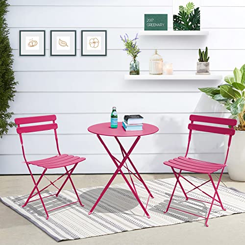 Oc Orange-Casual 3-Piece Outdoor Furniture Set, Premium Steel Patio Stripe Small Bistro Set, Folding Dining Table And Chairs For Porch Balcony, Rose Pink #TOP6