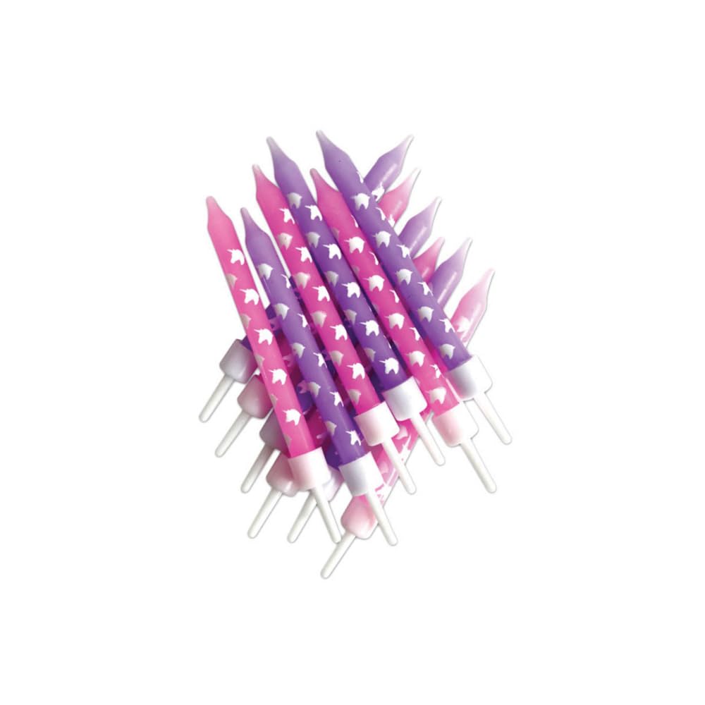 Anniversary house Birthday Candles Set of 12 - Unicorn Candles Pink & Lilac with Holders - Printed Party Cake Toppers and Decorations