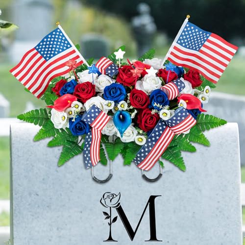 Memobloom Memorial Day Decorations for Cemetery: 4th of July Patriotic Red White Blue Headstone Flower Saddle - Outdoor Artificial Velet Roses Cemetery Flowers for Grave 250th Birthday of America