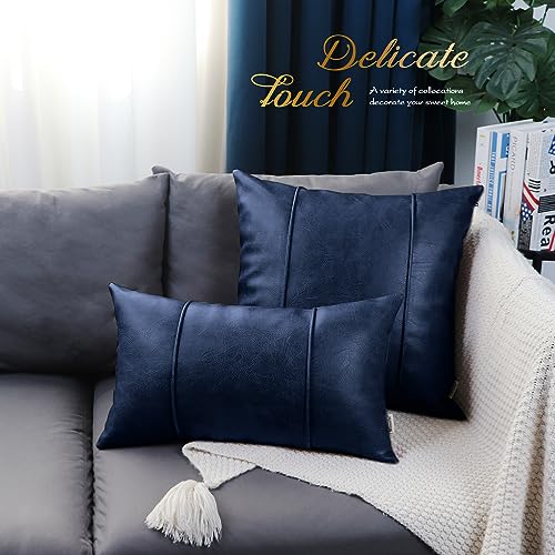 Image of BRAWARM Navy Blue Leather Throw Pillow Covers 20 X 20 Inches - Faux Leather Pillow Cover with Piping, Hand Stitched Leather Throw Pillow for Couch Sofa Bed Living Room Home Decorative