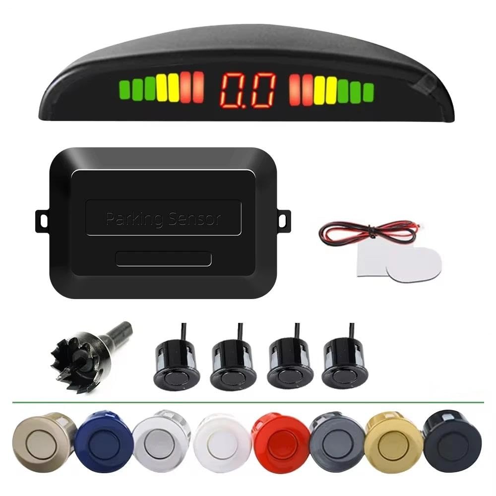 Sensores De Aparcamiento Kit De Sensores De Estacionamiento 4 Sensores 22Mm Pantalla Retroiluminada Monitor Radar Respaldo Marcha Atrás 12V Sensor De Estacionamiento(Blanco)