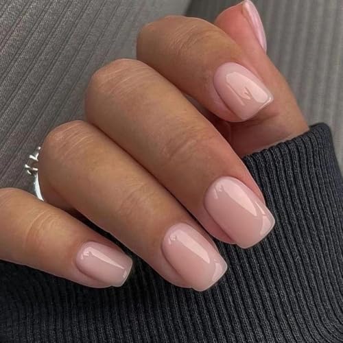 Nude Pink Press On Nails Short Square, KXAMELIE Natural Gel Nails Glue...