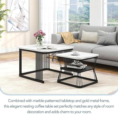 Image of Square Side Table Set of Stackable Tea or Coffee Tables with Marble Tops for Apartments, Bedrooms, and Living Rooms Black White