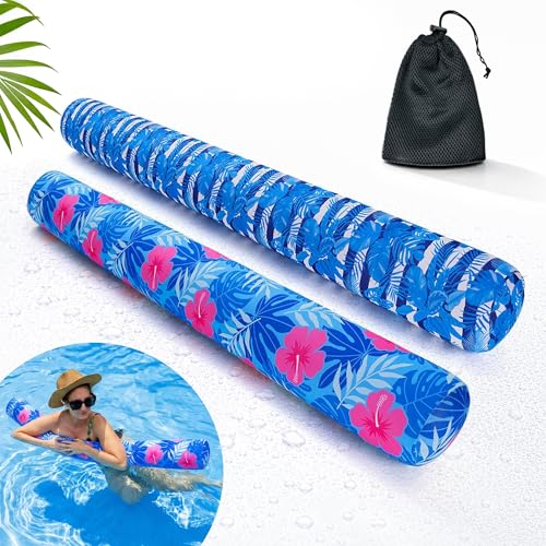 Inflatable Swimming Pool Noodle, 2 Pack Soft Fabric Quick Drying Covered Large Pool Floats Noodles, Premium Buoyancy Swim PoolFloats with Portable Storage Bag for Pool Party Toy（Tropical/Plants）