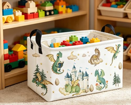 Image of Essme Rectangular Kids Baskets,Dinosaur Storage Box,Cute Basket for Kids with Handles for Room Decor, Book Bins,Shelf Basket.(Castle Dinosaurs