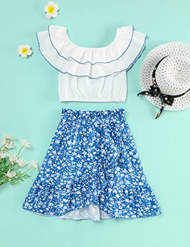 Oklady Clothes For Girls Skirt Sets Girls Summer Ruffled Shoulder Crop Tops And Floral Skirt Sets Kids Outfits #TOP1