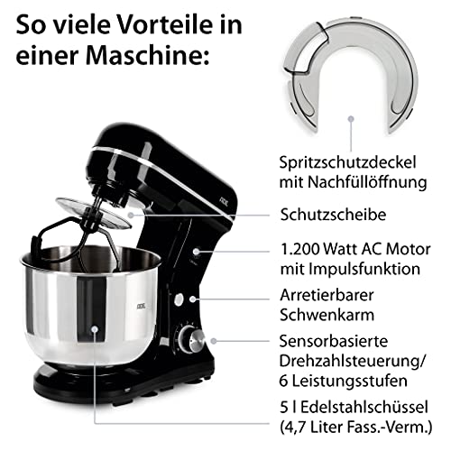 ADE Küchenmaschine mit 5 L Edelstahlschüssel | inkl. Zubehör | 1200 W | schwarz – Bild 4