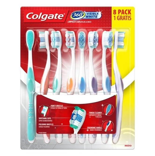 Colgate 360? Visible White Cepillo Dental Manual con Cerdas Pulidoras, Limpieza Profunda, Mango Ergon?mico, 8 Pack
