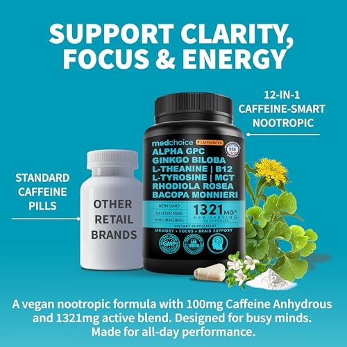 12-in-1 Nootropic Brain Supplement with Caffeine Anhydrous: Ginkgo Biloba for Brain Support, Memory and Focus - B12, Alpha GPC, L Theanine and Choline Supplements with Bioperine with 1321mg (60ct)