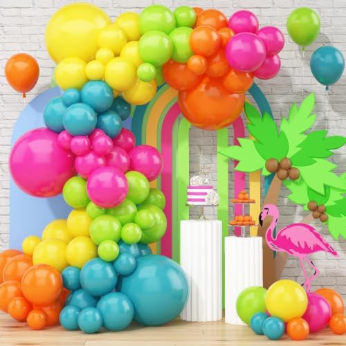 Image of 141 Pcs Rainbow Neon Balloon Arch Kit, Hot Pink Lime Green Orange Slate Blue Yellow End of Summer Tropical Balloon Garland for Hawaiian Luau Aloha Birthday Pool Back to School Party Decorations