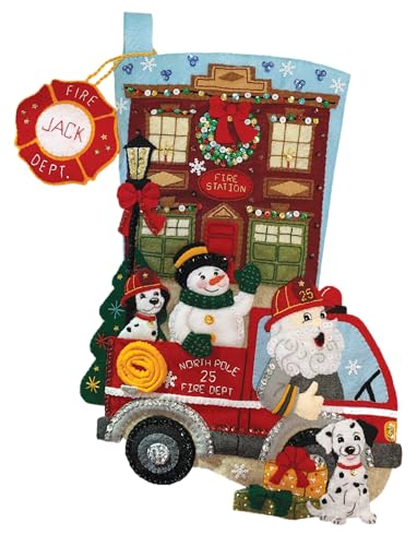 MerryStockings Felt Applique Christmas Stocking Kit, Station 25 Fireman Santa. 18" inch Size, DIY, Sequins, Embellishments and Instructions, a Complete kit Ready for Your Creativity!