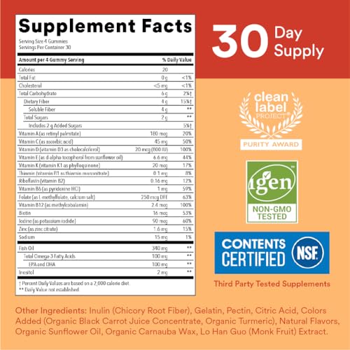 SmartyPants Kids Multivitamin Gummies and Fiber Supplement: Vitamin D3, C, Vitamin B12, B6, A, Zinc, Biotin, Inositol, Fiber Gummies, Three Fruit Flavors, 120 Count (30 Day Supply) - Image 4