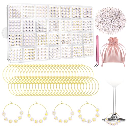 Wlovax 50 Pcs Wine Glass Charms 1400 Letters Beads Wine Charms for Stem Glasses with Drink Rings Tags Alphabet Glass Charm Markers for Party Bridal Shower Wedding Bachelorette Decor White