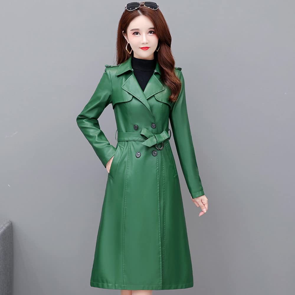 Chaqueta Mujer,Gabardina De Piel Sintética Para Mujer, Chaqueta Verde Con Solapa Larga, Cinturón De Doble Botón, Bolsillo, Elegante, De Manga Larga, Ajustado, Moto Biker, Abrigo De Pu, Prendas De