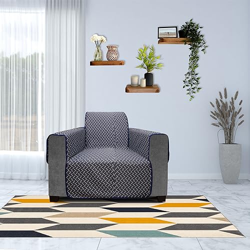 Image of DREAM KING 3 Layers 300 GSM Waterproof Reversible Sofa Cover Single Seater with Pockets | Dust Protective Soft Fabric Sofa Seat Cover Navy Blue & Grey